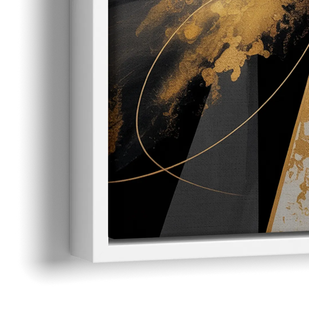 Majestic Symmetry Black and Gold Abstract - Close-Up White Frame Canvas