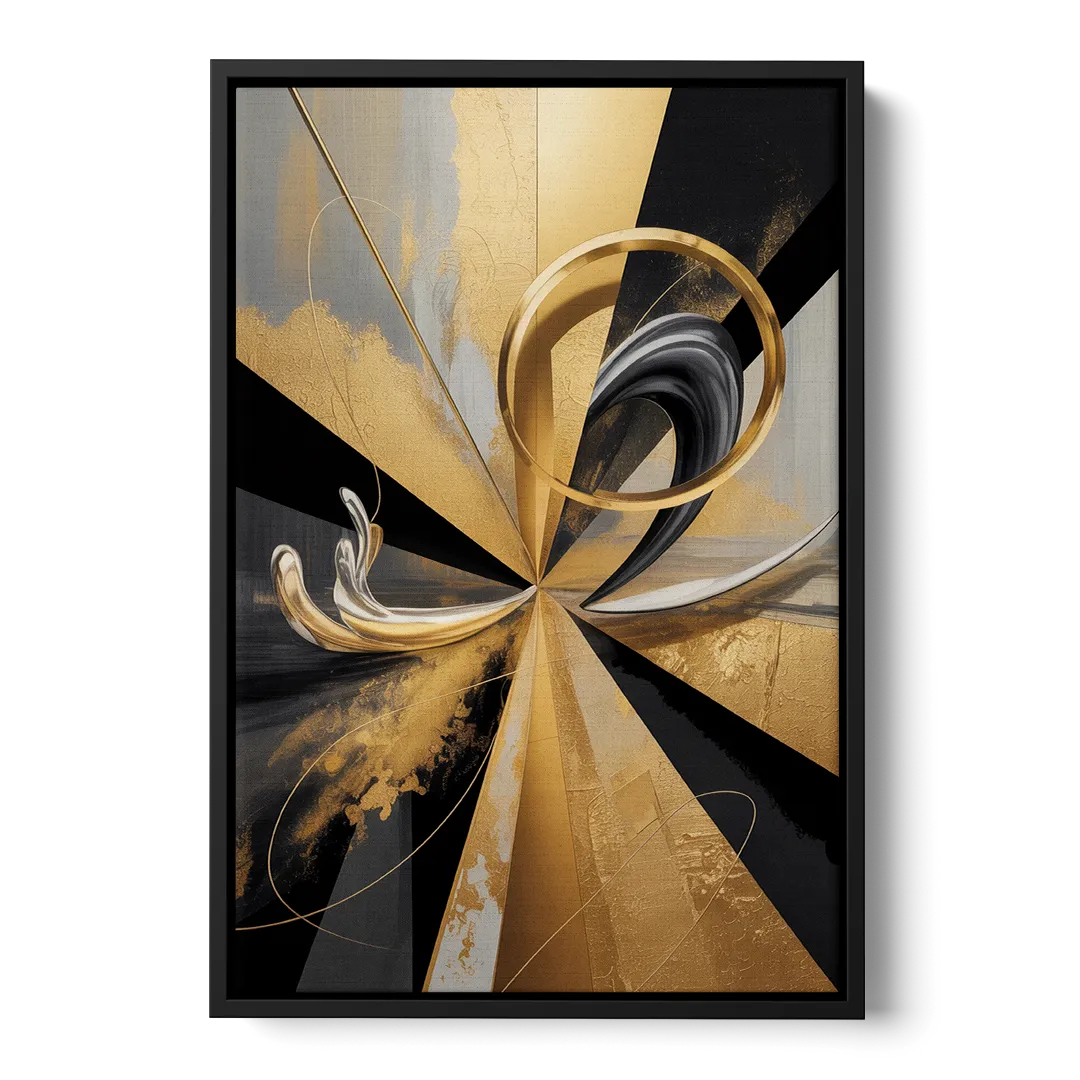 Majestic Symmetry Black and Gold Abstract - Black Frame Canvas