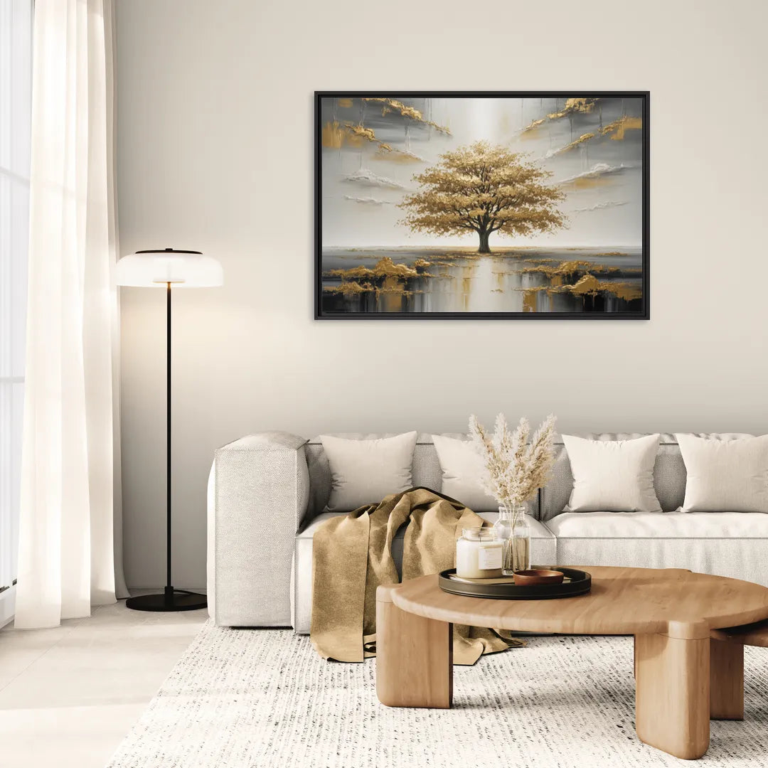 Majestic Tree Serenity White and Gold - Living Room Black Frame Canvas