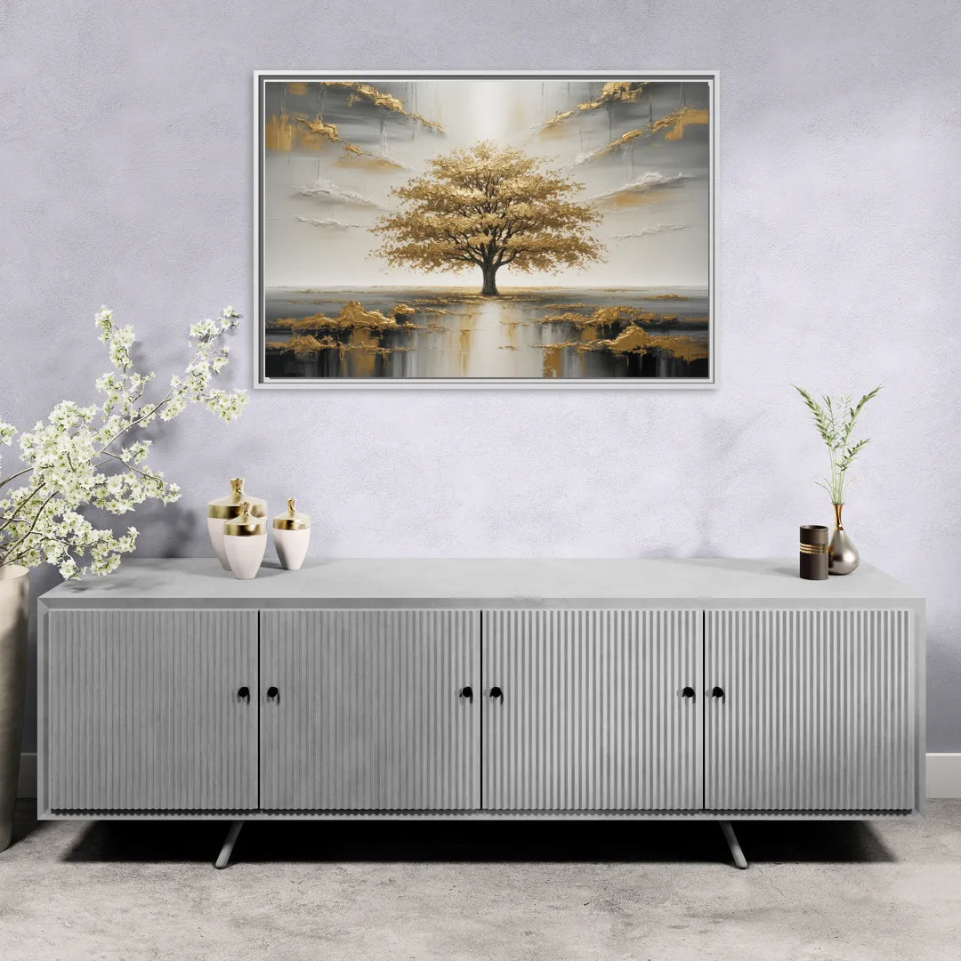 Majestic Tree Serenity White and Gold - Living Room White Frame Canvas