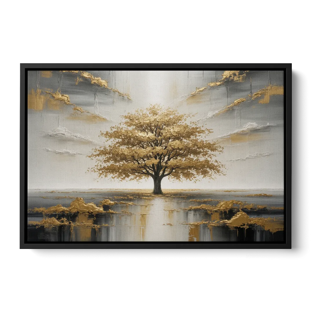 Majestic Tree Serenity White and Gold - Black Frame Canvas