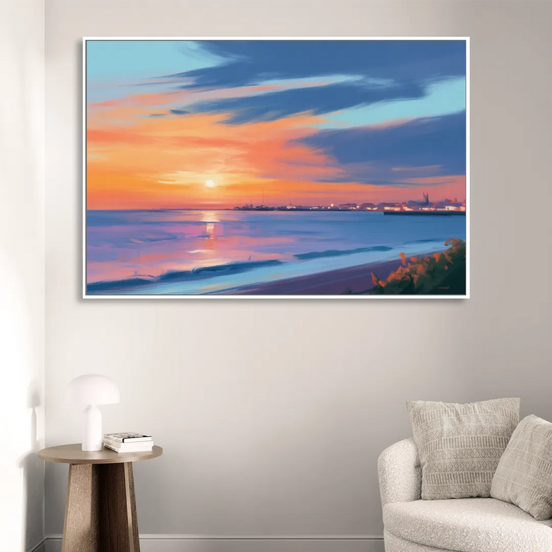 Malecon Campeche Sunset Sitting Room - White Canvas Wall Art