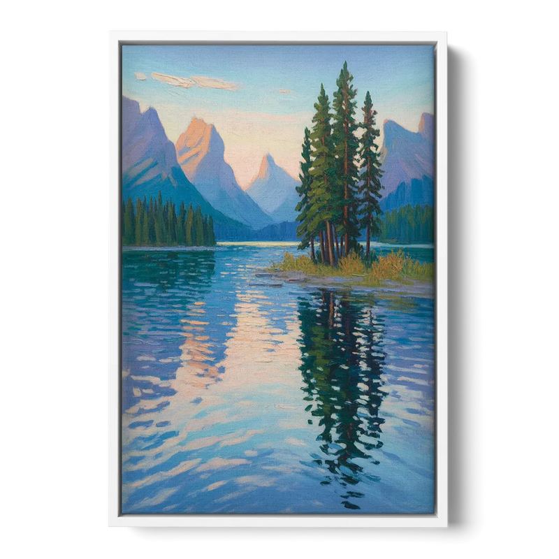 Maligne Lake Morning Front - White Canvas Wall Art