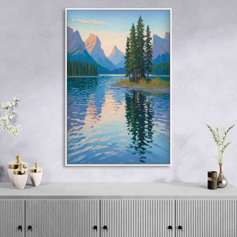 Maligne Lake Morning Living Room - White Canvas Wall Art