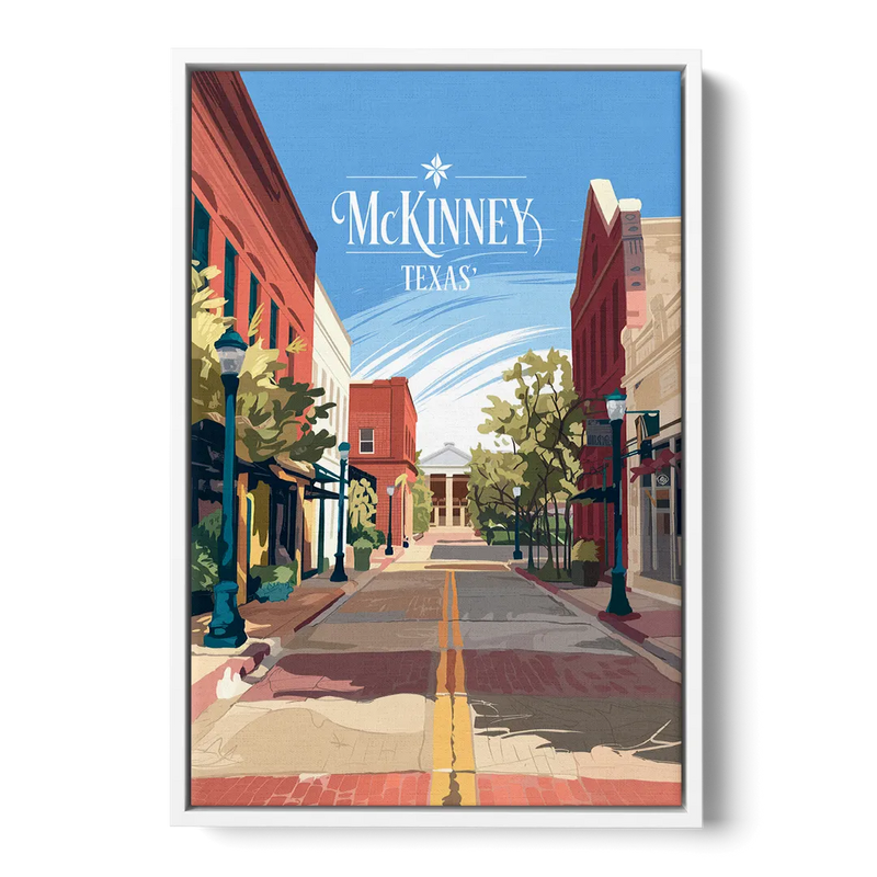 McKinney Downtown Streetscape Front - White Canvas Wall Art