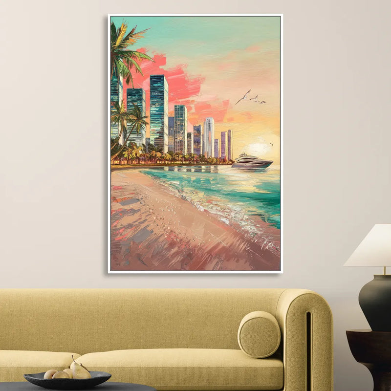 Miami Beachfront Horizon Living Room - White Canvas Wall Art