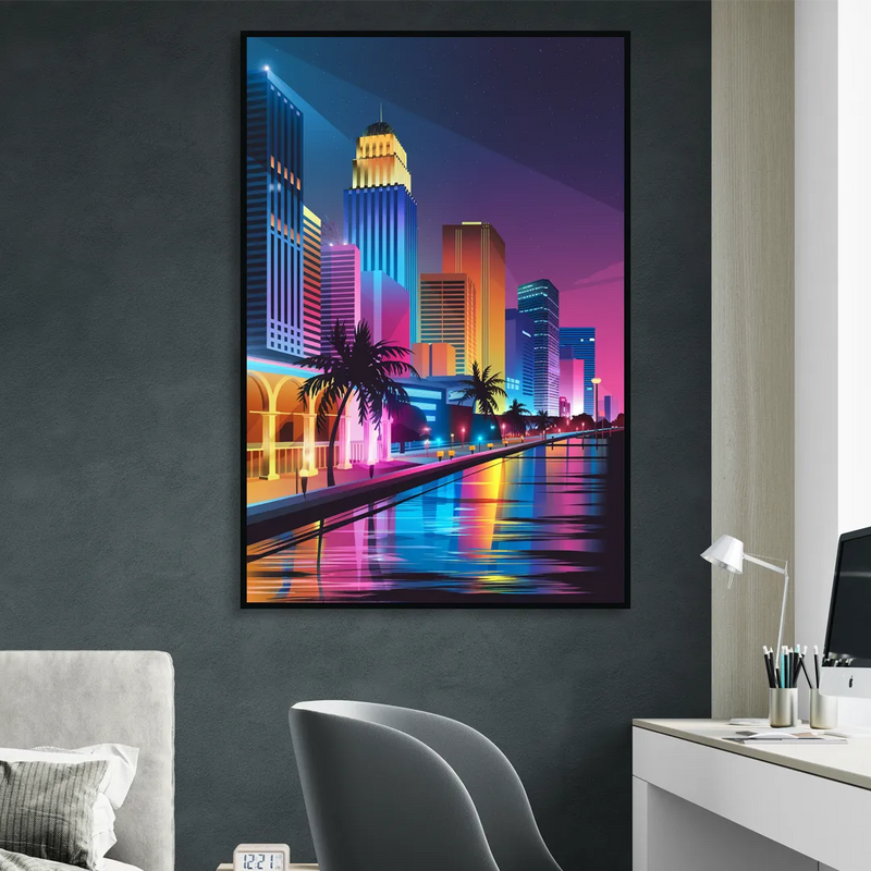 Miami Cityscape by Night Living Room - Black Canvas Wall Art