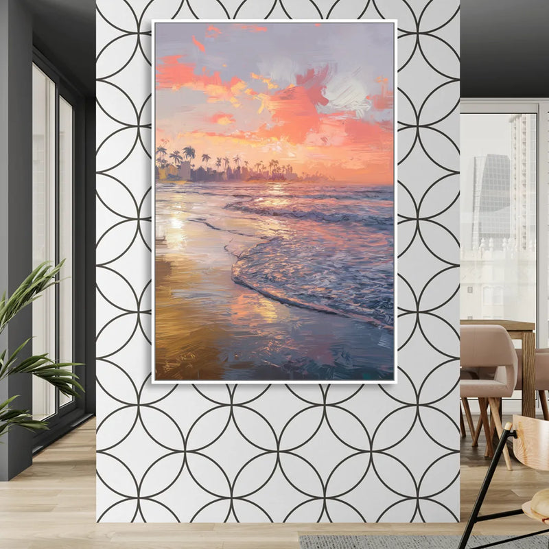 Miami Coastal Horizon Sitting Room - White Canvas Wall Art