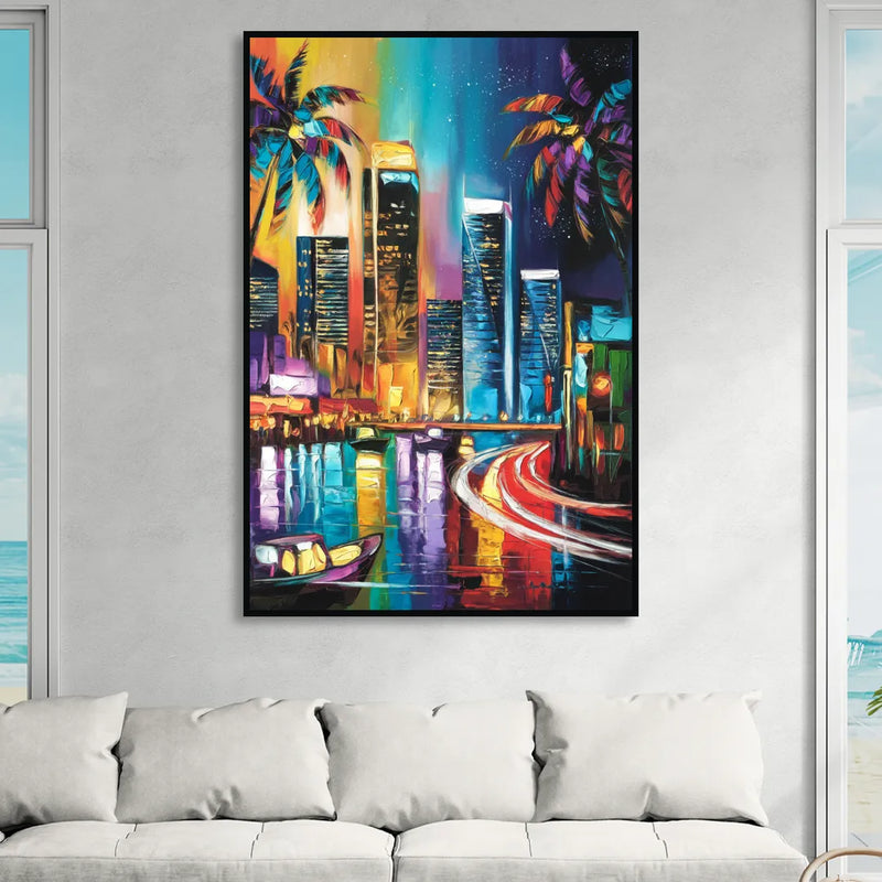 Miami Downtown Energy Living Room - Black Canvas Wall Art