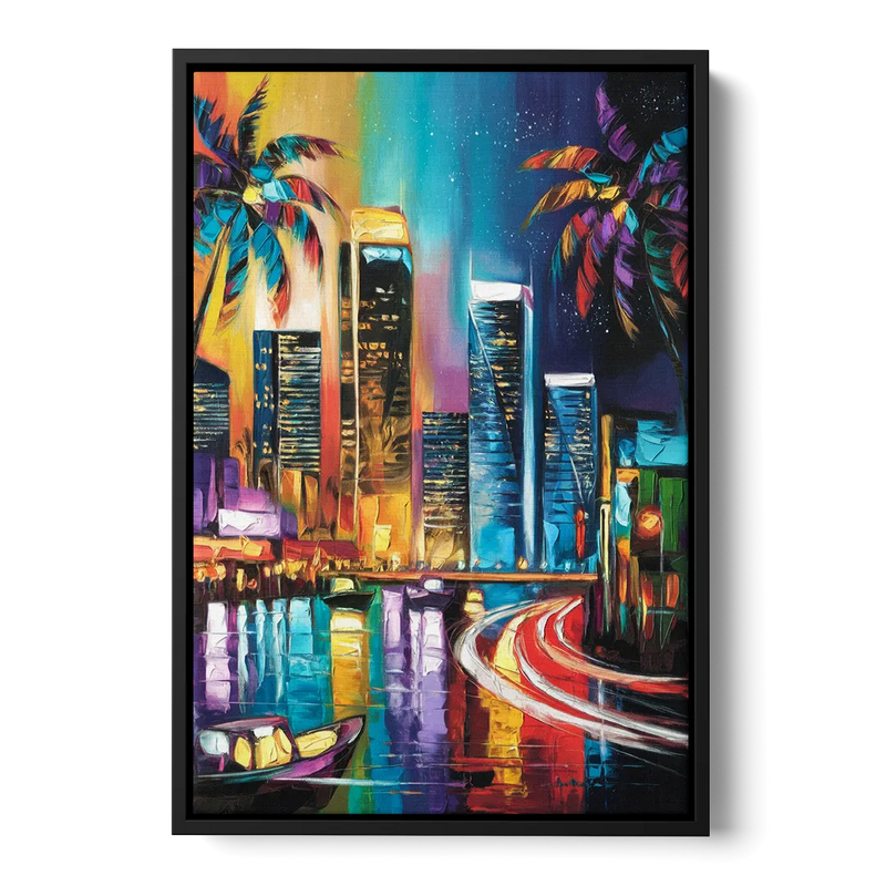 Miami Downtown Energy Front - Black Canvas Wall Art