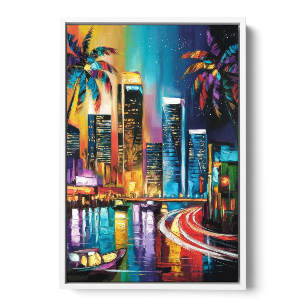 Miami Downtown Energy - White Framed Canvas Wall Art - Front