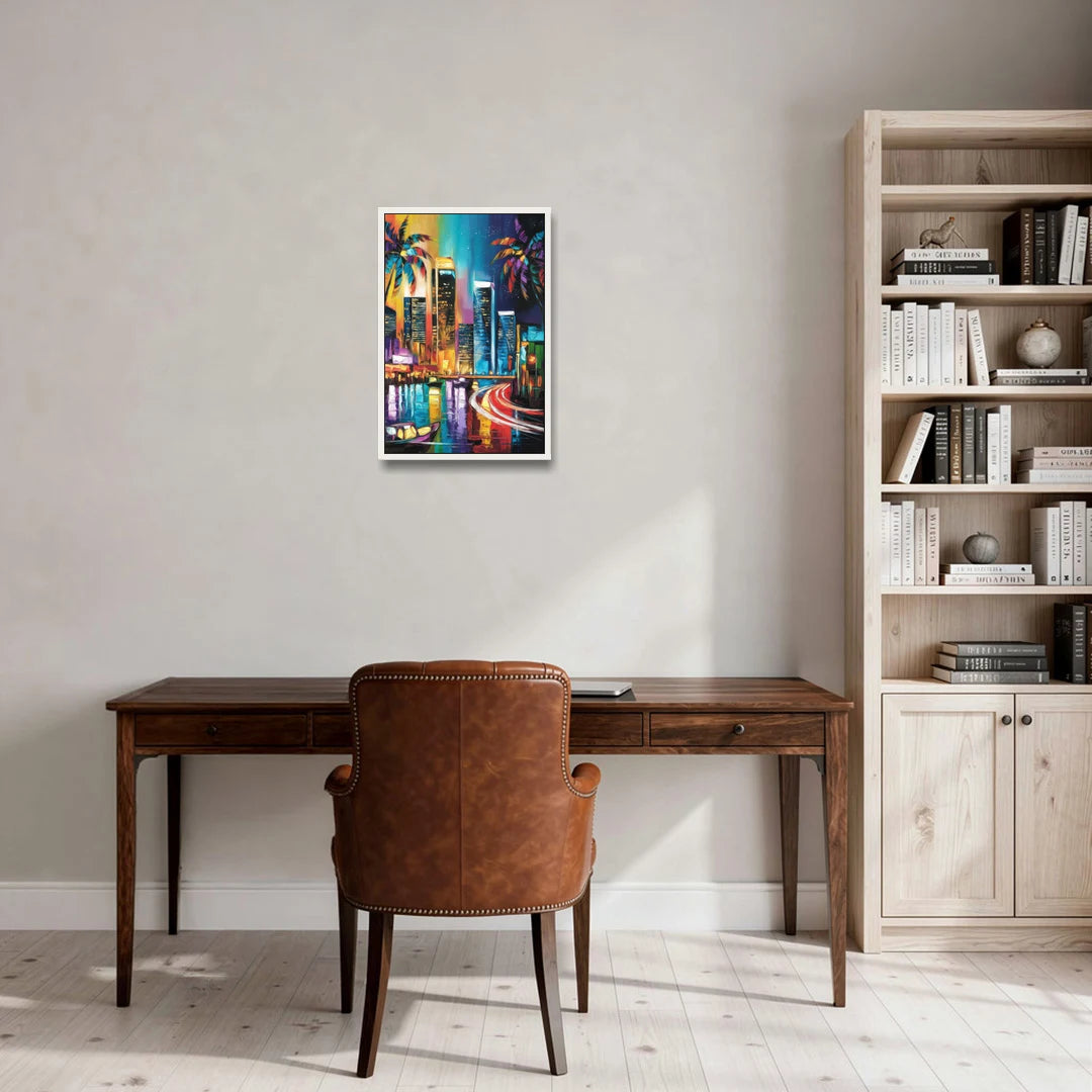 Miami Downtown Energy - White Framed Canvas Wall Art - Office - 16x24