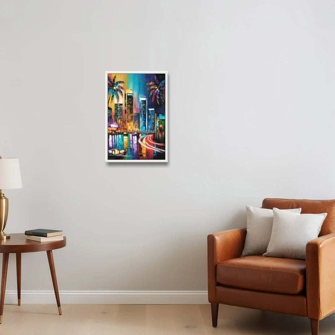 Miami Downtown Energy - White Framed Canvas Wall Art - Sofa - 16x24