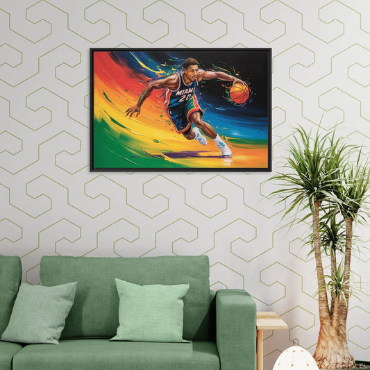 Miami Heat Energetic Basketball Impressionism Art - Living Room Black Frame Canvas