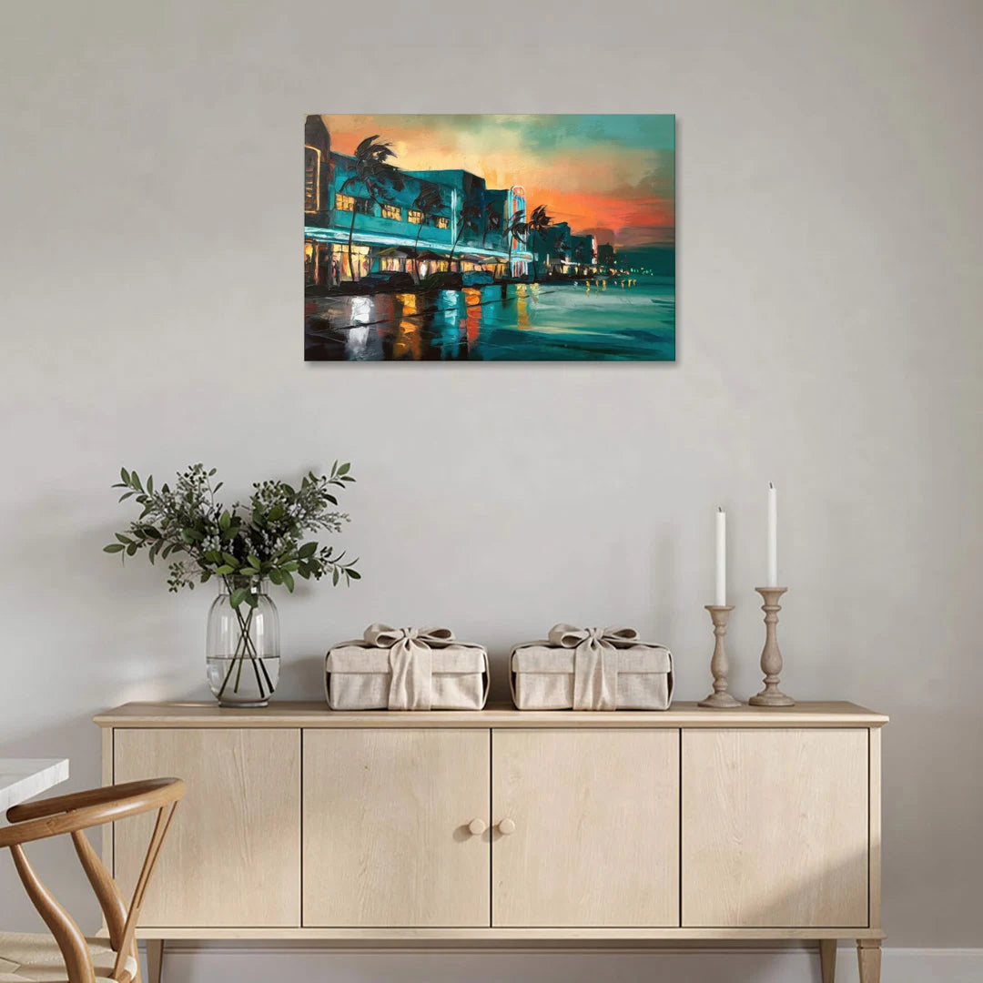 Miami Ocean Drive Lights - Canvas Wall Art - Coffee Table - 36x24