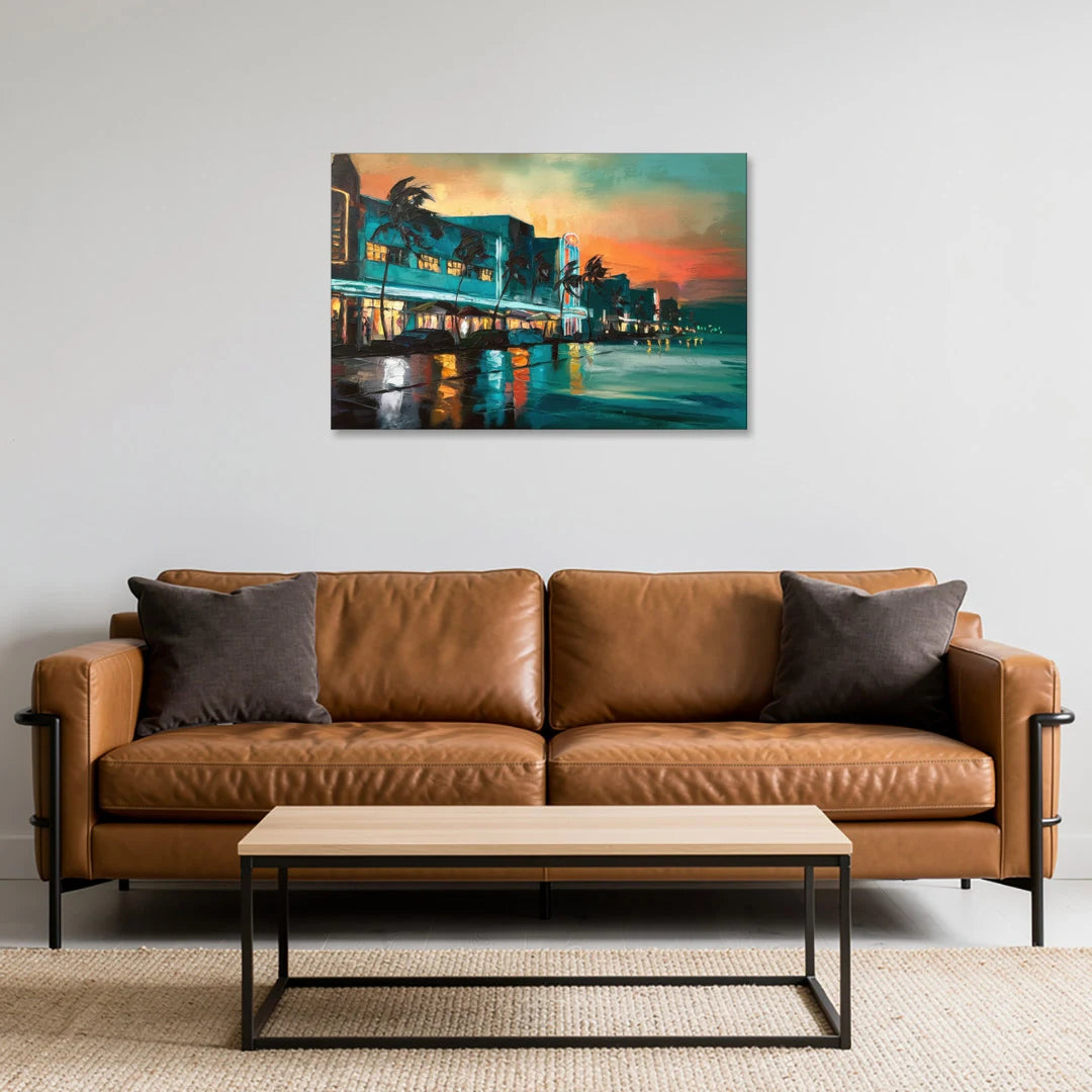 Miami Ocean Drive Lights - Canvas Wall Art - Sofa - 36x24