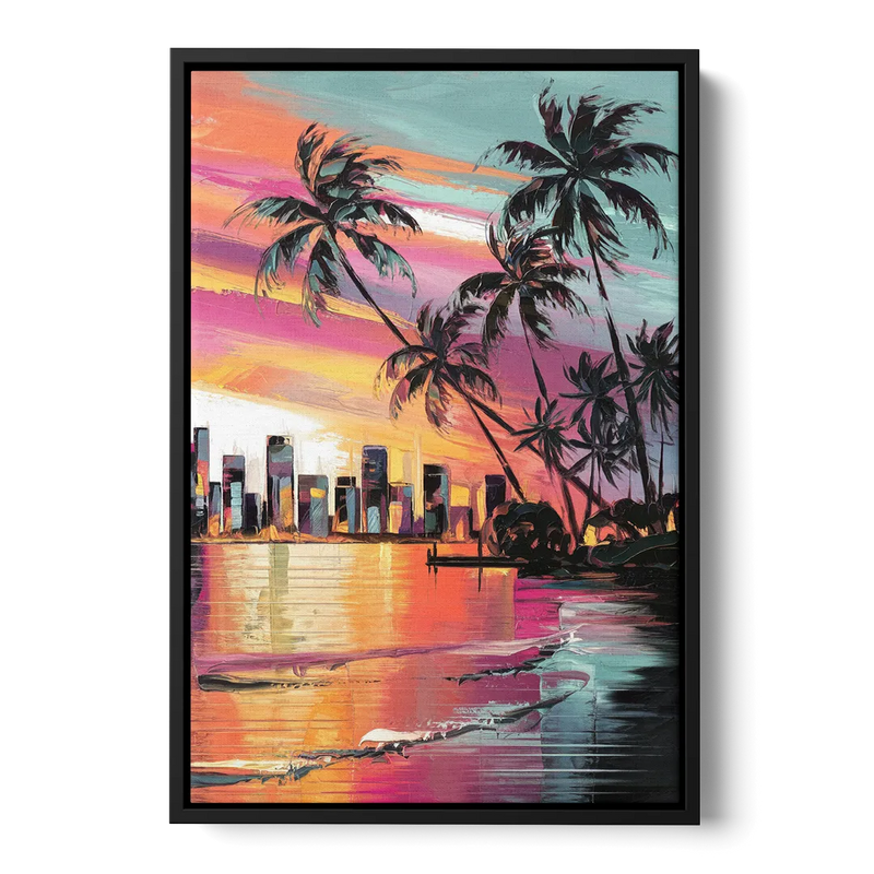 Miami Palm Trees and Sunset Front - Black Canvas Wall Art