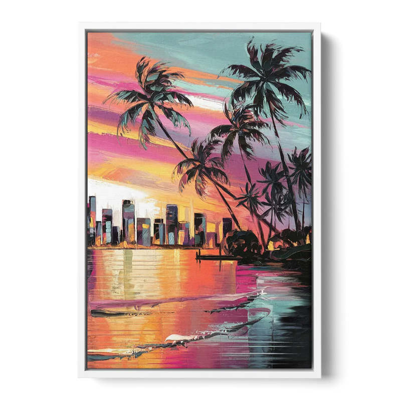 Miami Palm Trees and Sunset Front - White Canvas Wall Art