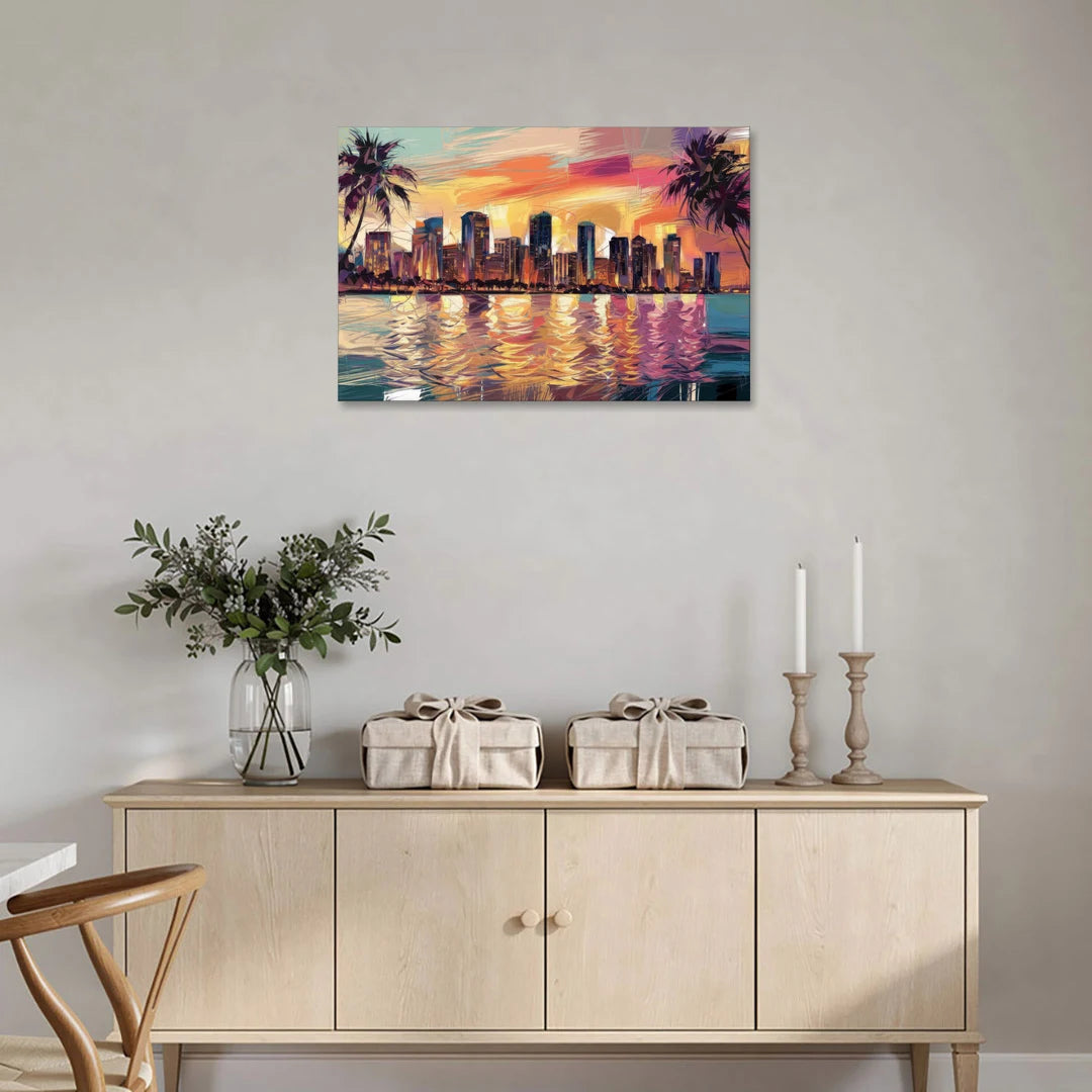 Miami Skyline At Sunset - Canvas Wall Art - Coffee Table - 36x24
