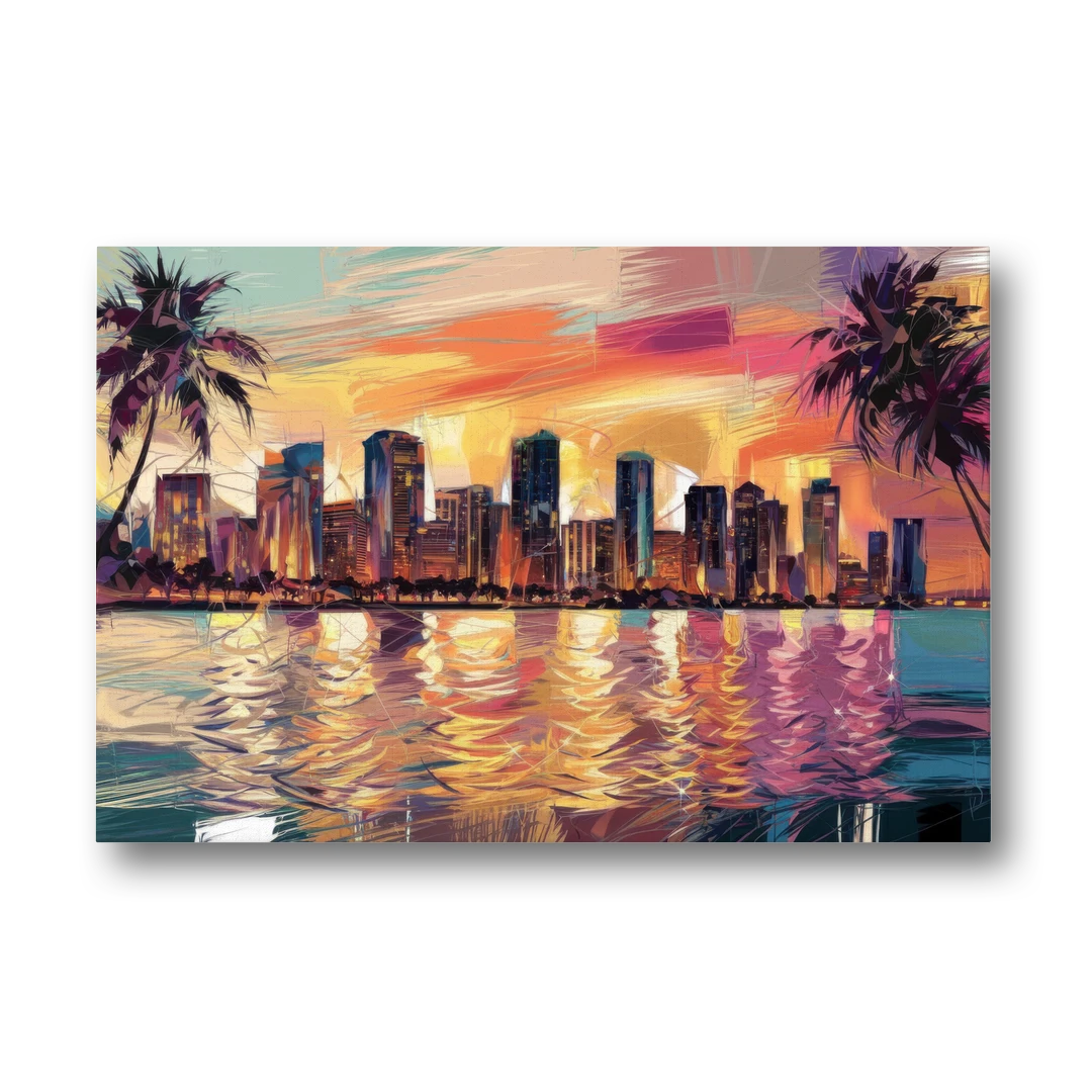 Miami Skyline At Sunset - Canvas Wall Art - Front
