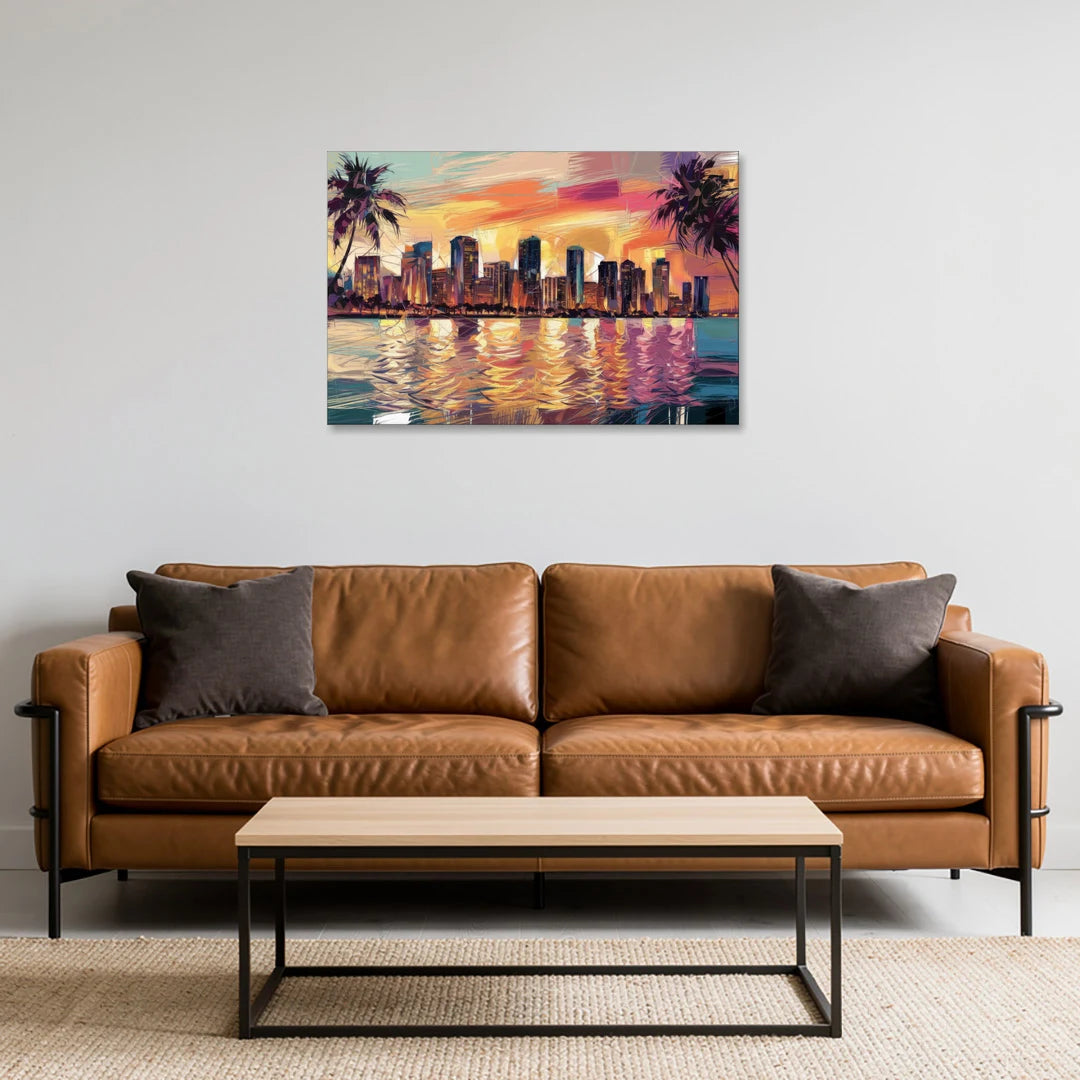 Miami Skyline At Sunset - Canvas Wall Art - Sofa - 36x24
