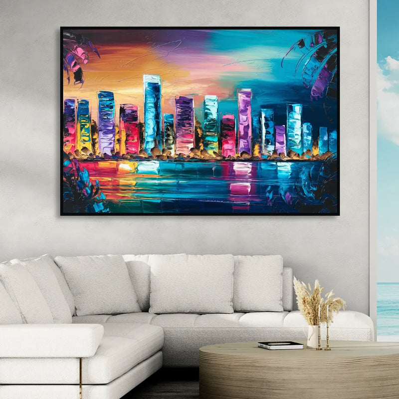 Miami Skyline Reflection Living Room - Black Canvas Wall Art