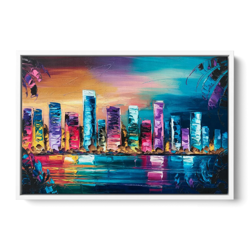 Miami Skyline Reflection Front - White Canvas Wall Art