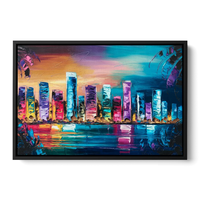 Miami Skyline Reflection Front - Black Canvas Wall Art