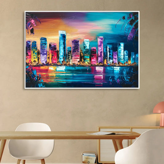 Miami Skyline Reflection Living Room - White Canvas Wall Art