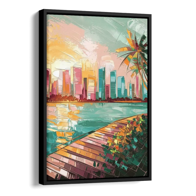 Miami Sunrise Over Water Side - Black Canvas Wall Art
