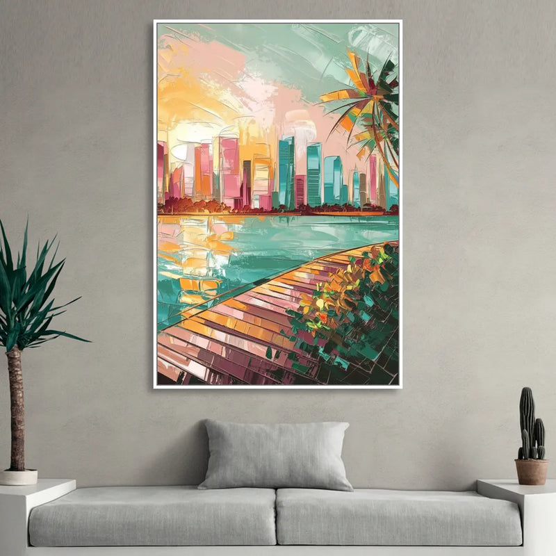 Miami Sunrise Over Water Sitting Room - White Canvas Wall Art