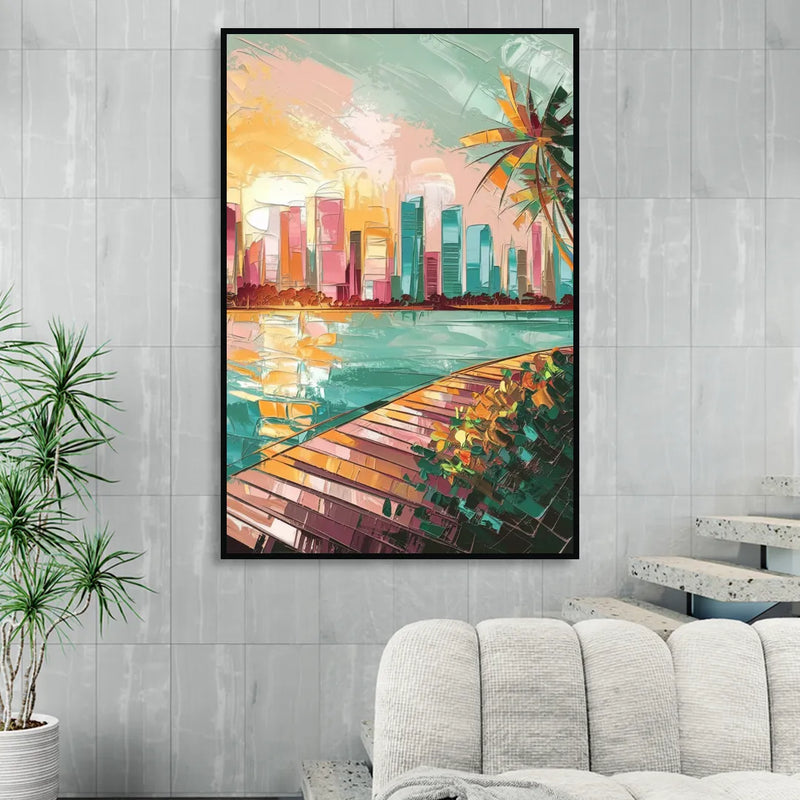 Miami Sunrise Over Water Living Room - Black Canvas Wall Art