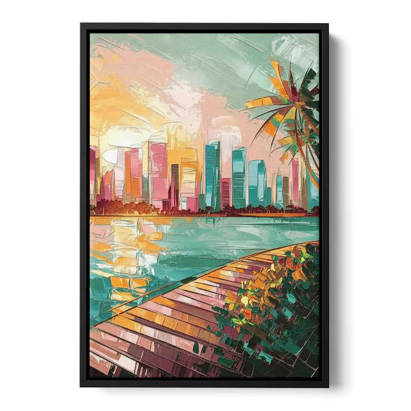 Miami Sunrise Over Water Front - Black Canvas Wall Art