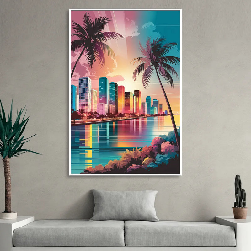 Miami Sunset Boulevard Living Room - White Canvas Wall Art