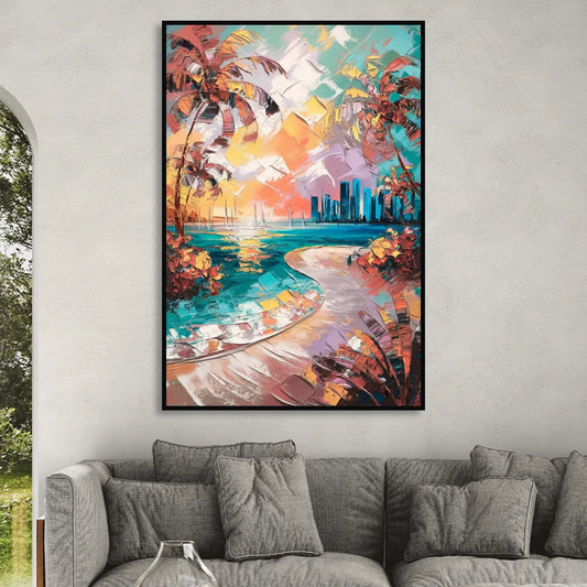 Miami Tropical Paradise Living Room - Black Canvas Wall Art