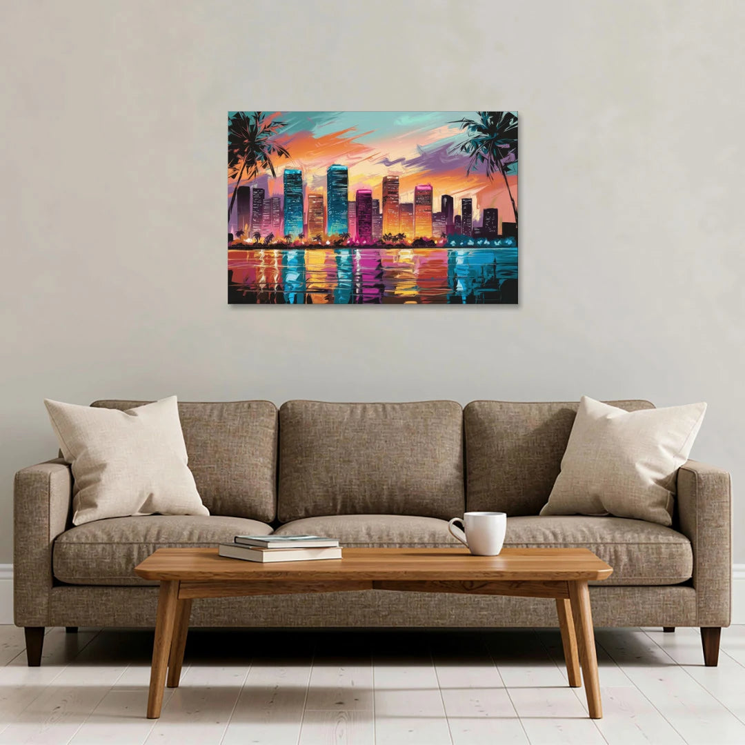Miami Urban Sunset Glow - Canvas Wall Art - Sofa - 36x24