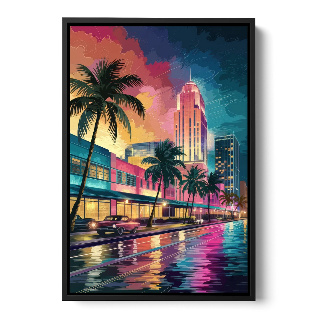 Miami Vibrant Colors - Black Framed Canvas Wall Art - Front