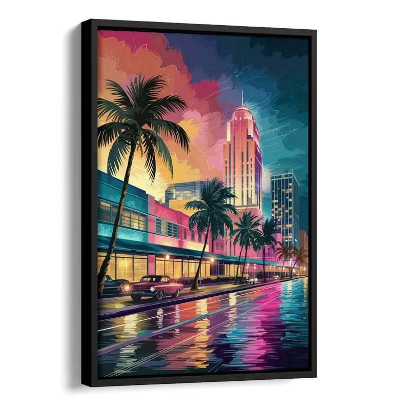 Miami Vibrant Colors Side - Black Canvas Wall Art