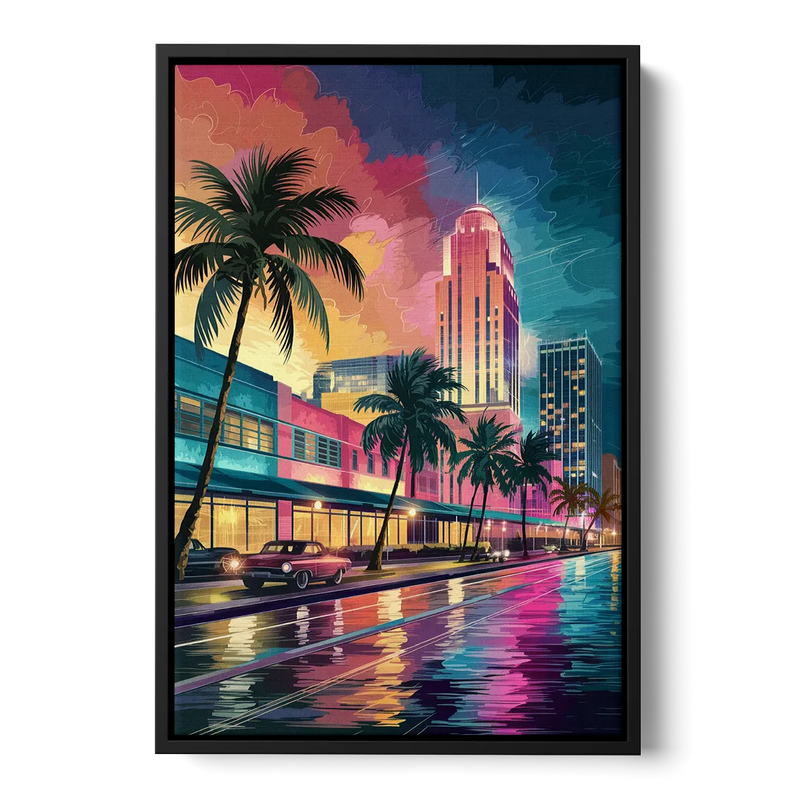 Miami Vibrant Colors Front - Black Canvas Wall Art