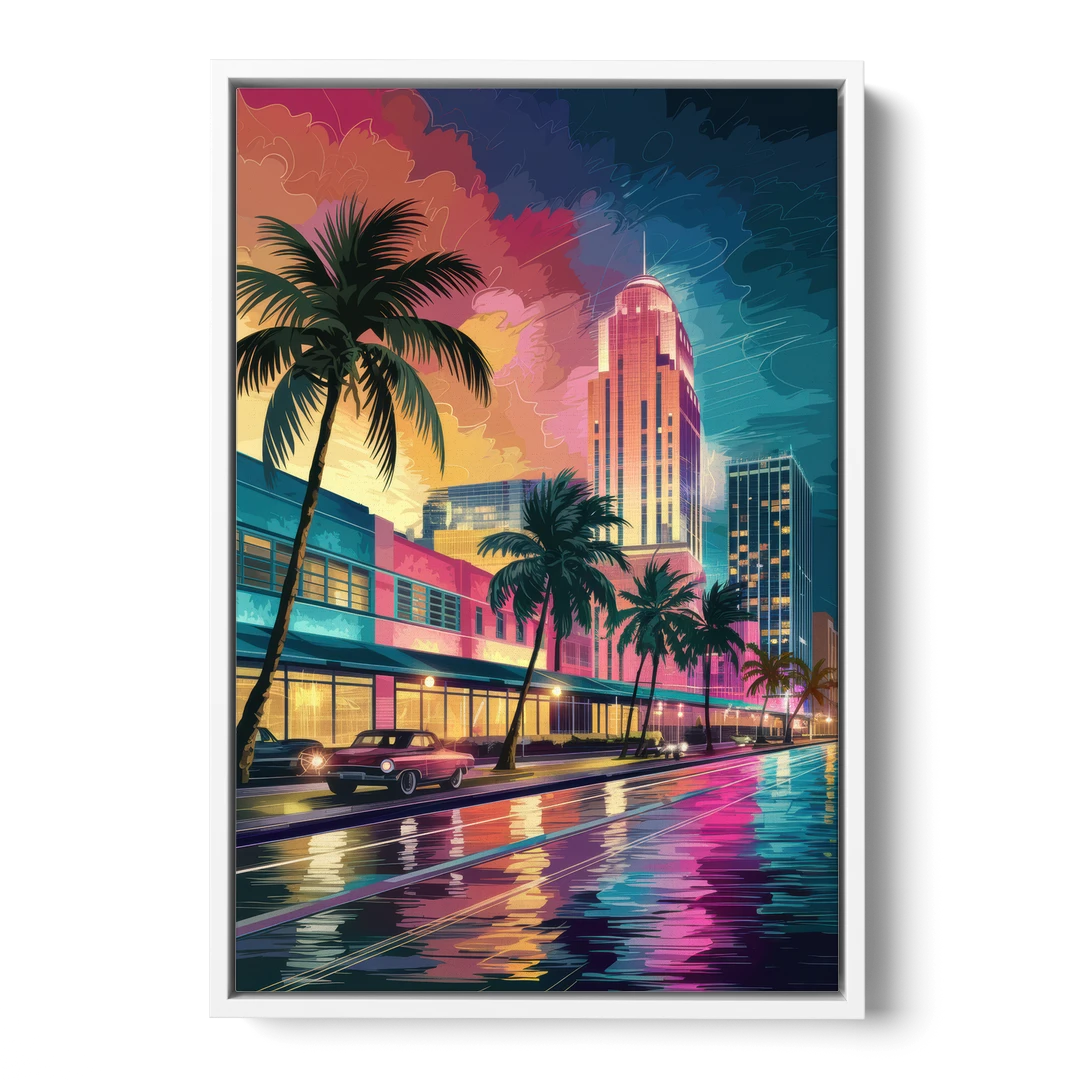 Miami Vibrant Colors - White Framed Canvas Wall Art - Front