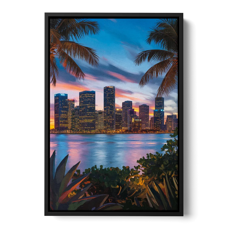 Miami Waterfront Skyline Front - Black Canvas Wall Art