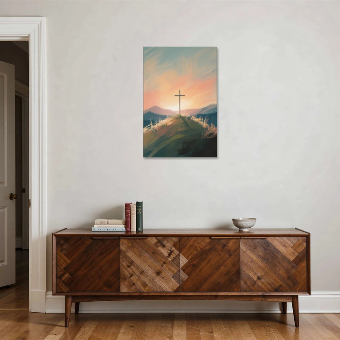 Minimalist Christian Cross on Hill - Canvas Wall Art - Coffee Table - 24x36