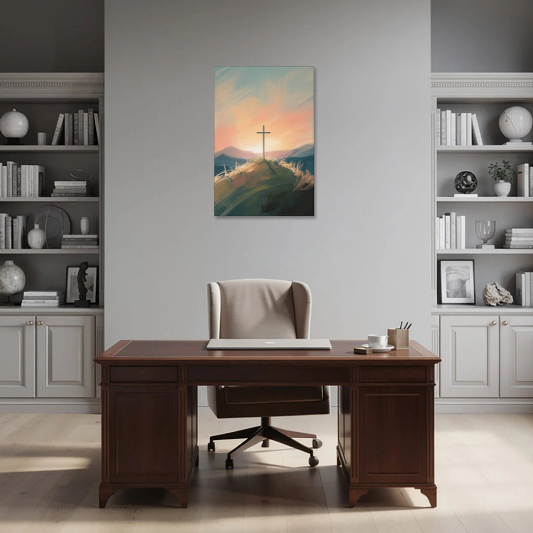 Minimalist Christian Cross on Hill - Canvas Wall Art - Office - 24x36
