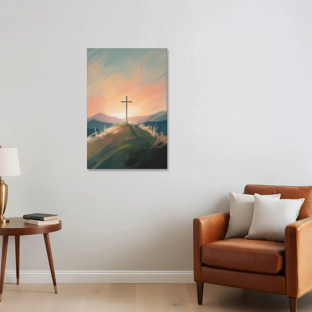 Minimalist Christian Cross on Hill - Canvas Wall Art - Sofa - 24x36