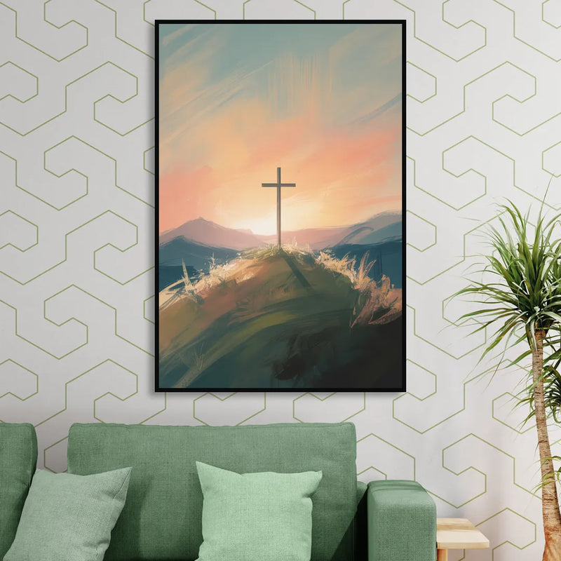 Minimalist Christian Cross on Hill Sitting Room - Black Canvas Wall Art