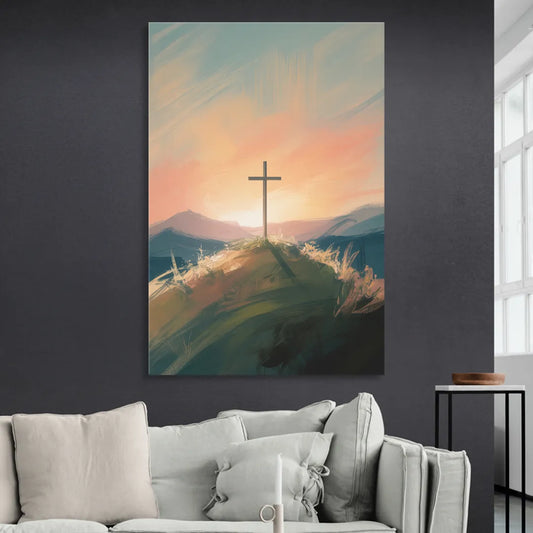 Minimalist Christian Cross on Hill Living Room - Canvas Wall Art