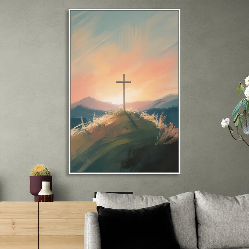 Minimalist Christian Cross on Hill Sitting Room - White Canvas Wall Art