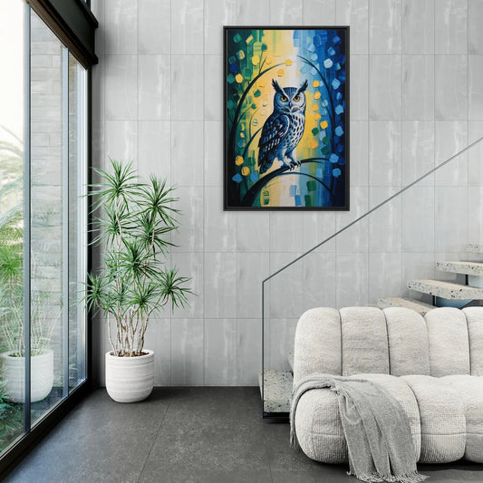 Minimalist Owl Silhouette - Living Room Black Frame Canvas