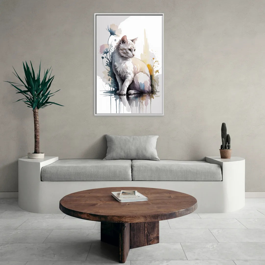 Minimalist White Cat - Living Room White Frame Canvas