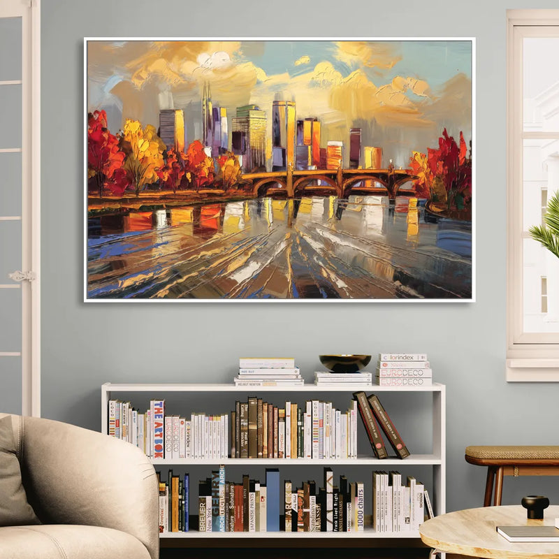 Minneapolis Mississippi River View Living Room - White Canvas Wall Art